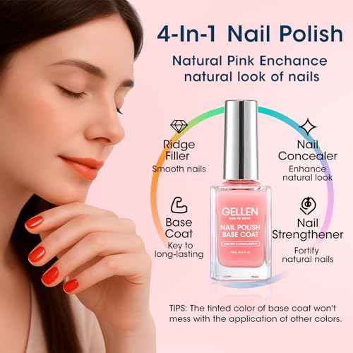 GELLEN Clear Nail Polish Base Coat Sheer Tinted Pink, Natural Color Regular Nail Polish, Calcium Formula Strengthens Nails, Enhances Natural Look, Quick Air Dry, Hema Free, Non-toxic, Anti-yellowing