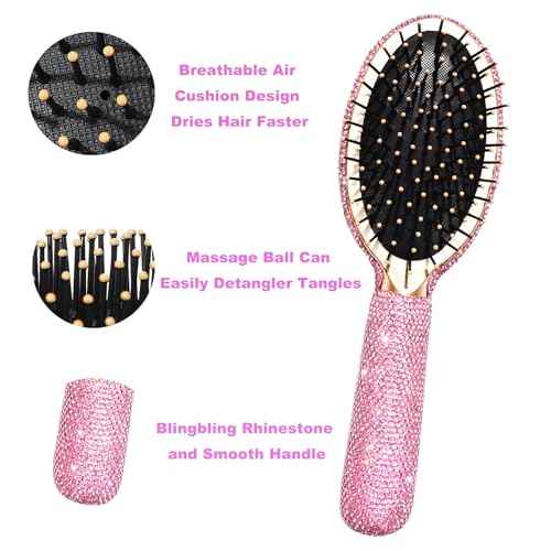 1 Pack Rhinestone Hair Brush Detangling Bling Detangle Massage Sparkle Compact Comb Crystal Air Cushion for Women Wet Dry (All Pink-Round)