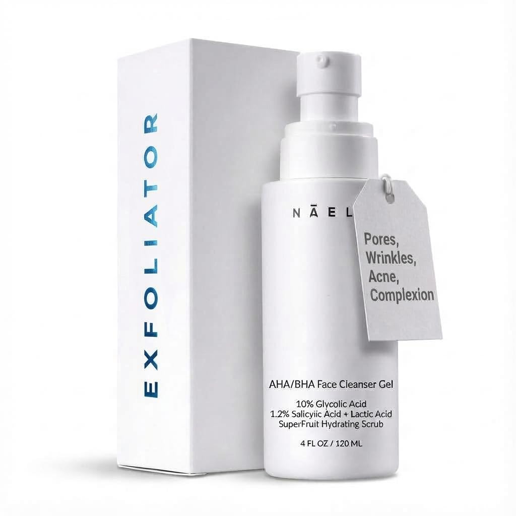 NAELI AHA/BHA Exfoliating Face Wash - 10% Glycolic Acid & Salicylic Acid Cleanser, Anti Aging Acne & Wrinkle Reducing Facial Exfoliant, Pore Minimizer & Brightening Gel, 4 oz