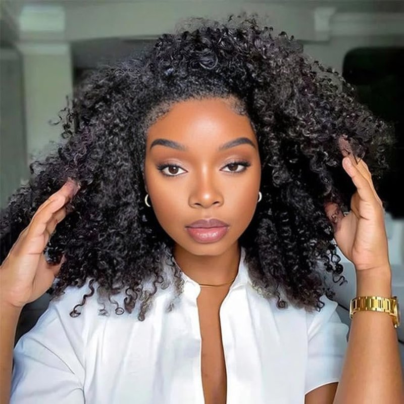 Afro Curly Half Wig - Synthetic Hair 20-Inch Glueless Flip Over | Beginner-Friendly Drawstring Headband Wig in Natural Black