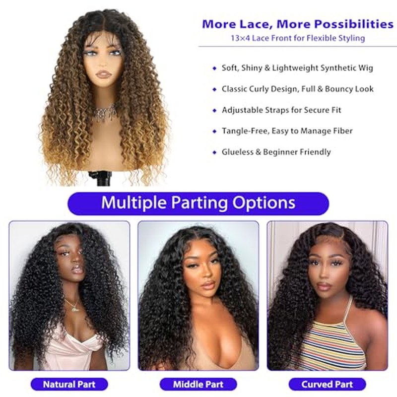 Ombre Blonde 13X4 Lace Front Wig Synthetic Wig with Baby Hair Ombre Brown to Blonde Curly Wig with Natural Preplucked Hairline 24 Inch Long Wigs for Women Daily Party Use