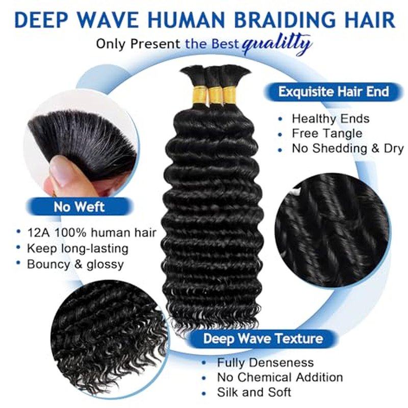 Human Braiding Hair for Boho Braids 110g Curly Boho Hair for Braiding Knotless 12A Wet and Wavy Bulk Bohemian 3 Bundles/Pack Deep Wave 100% Human Hair Extensions Natural Color 20inch