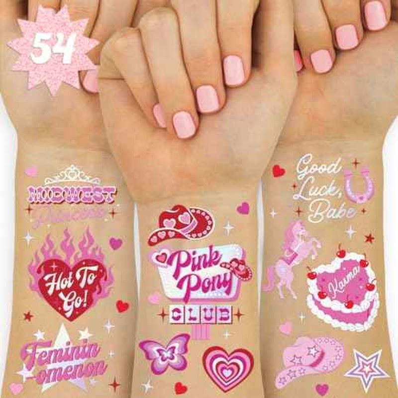 xo, Fetti Pink Pony Club Temporary Tattoos - 54 Iridescent Foil Pcs | Cowgirl Bachelorette Party, Valentine's Day Favors, Birthday Accessory, Galentine's Bach Activity