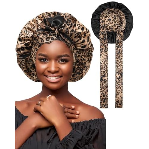 Satin Bonnet Silk Hair Wrap for Sleeping - Reversible Night Cap with Tie Band (Leopard + Black)