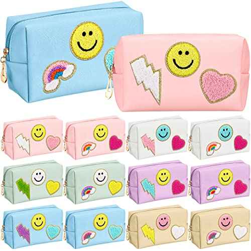Sanwuta 12 Pcs Christmas Preppy Patch Makeup Bag Chenille Letters Cosmetic Bag PU Leather Preppy Organizer Small Smile Heart Toiletry Pouch Portable Waterproof Storage Purse Pouch for Women Adults