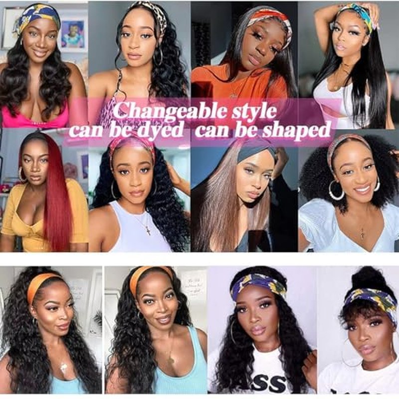 Curly Headband Wig Human Hair 18 inch Machine Made Wigs Glueless Deep Wave Headband Half Wigs for Black Women Human Hair Water Wave Natural Color