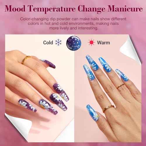 AZUREBEAUTY Color Changing Dip Powder Nail Kit Starter Fall Winter Glitter Pink Blue Purple Orange Mood Temperature Change Dipping Powder Liquid Set with Base Top Coat Activator for Home Manicure Gift