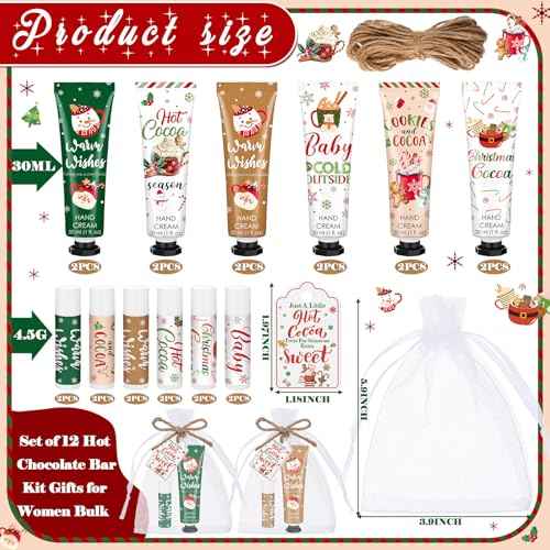 Demissle 12 Pcs Christmas Hot Cocoa Supplies Xmas Party Stuffers Christmas Stocking Favors Xmas Red Green Hand Cream and Lip Balm Gifts Set for Baby Shower Guests