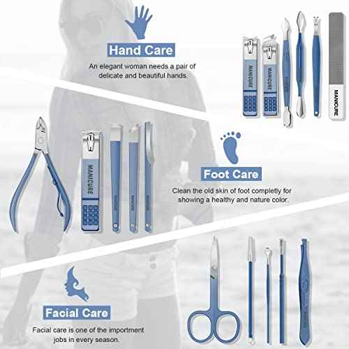 Manicure Set Professional Nail Clippers Pedicure Kit, 16 pcs Stainless Steel Nail Care Tools Grooming Kit with Luxurious Travel Leather Case for Thick Nails Men Women Gift (Blue)