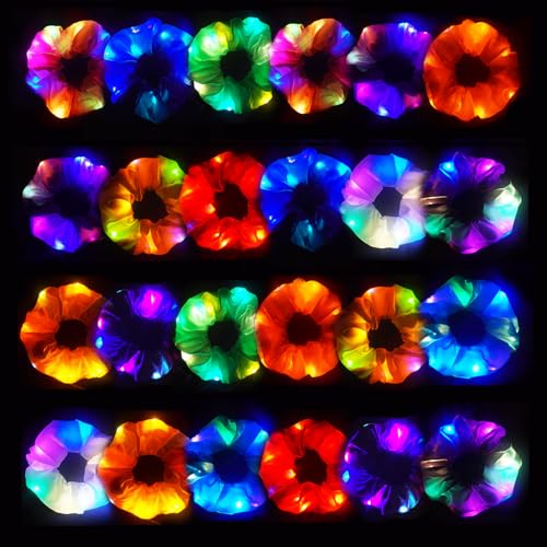 24PCS Light Up Scrunchies for Women Girls, LED Hair Scrunchies Hair Tie, Colorful Elastic Hair Bands Glow In The Dark Hair Accessories for Birthday Gift Halloween Christmas Party Favors, 3 Light Modes