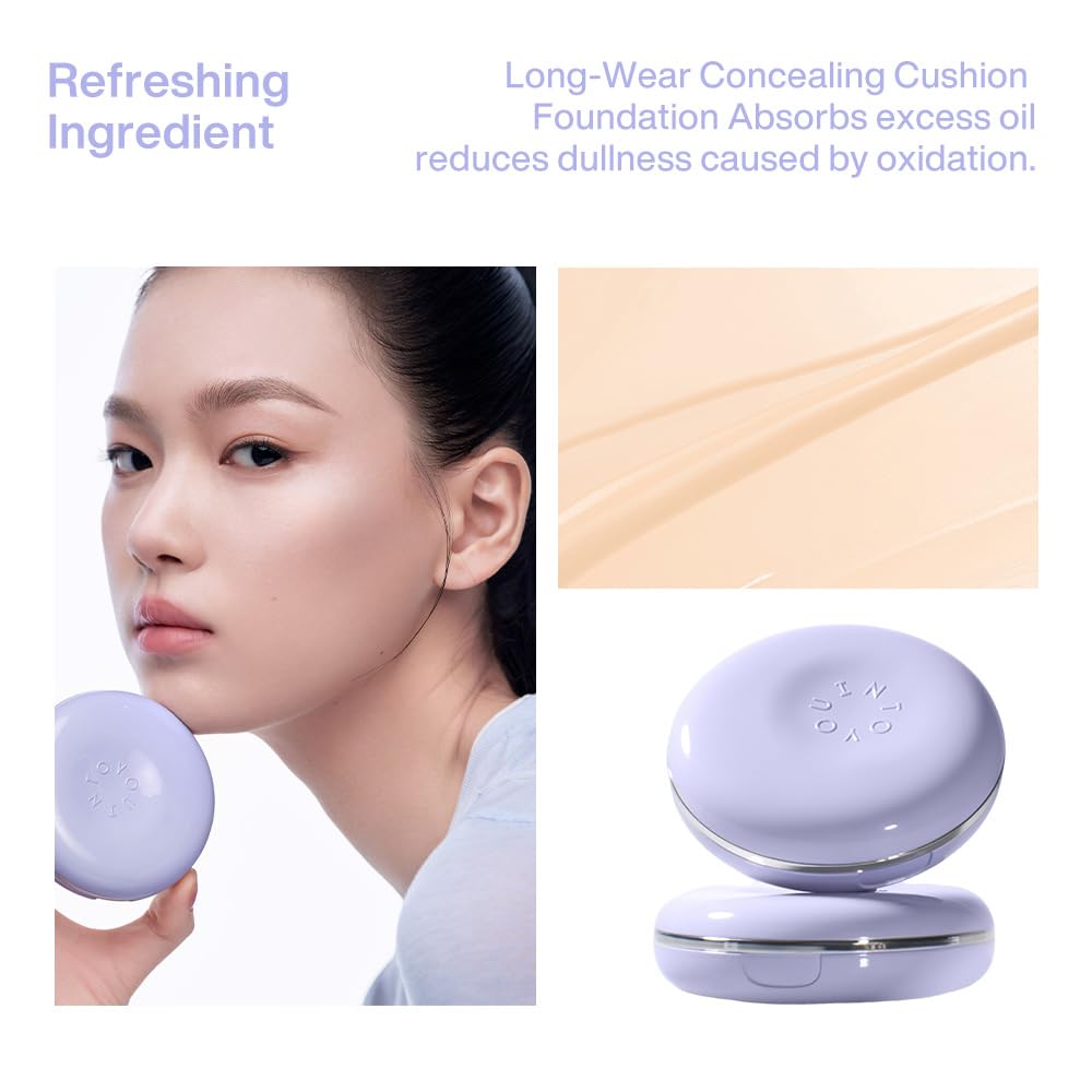 INTO YOU Purple Long Wear Concealing Cushion Foundation(Refill Included), Oil Control, Full Coverage, Cream Base Makeup, Smooth, Long Lasting Matte Finish for Oily Skin, L01 Bright Ivory