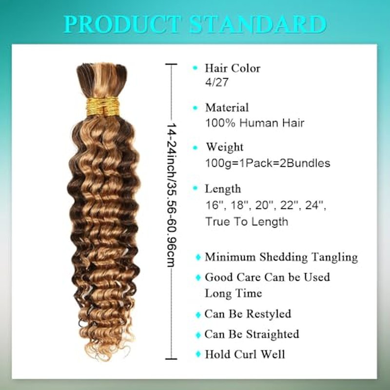 Human Braiding Hair for Boho Braids 110g 18 Inch Deep Wave Boho Bulk Human Hair for Braiding Knotless 12A Wet and Wavy Bohemian 2 No Weft Bundles/Pack Curly Braids Natural Color 4/27