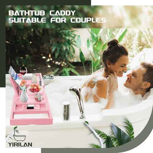 Yirilan Premium Bathtub Tray Caddy - Expandable Bath Tray - Unique House Warming Gifts, New Home, Anniversary & Wedding Gifts for Couple, Bridal Shower Gift for Women-Pink