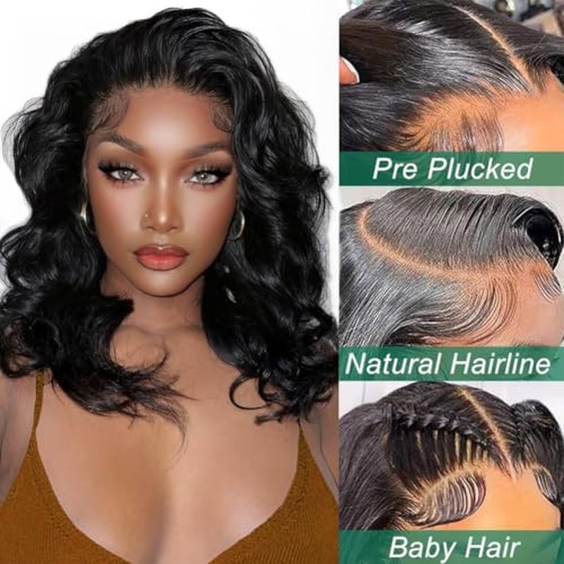 Douyin Bob Wig Human Hair 13x4 Lace Front Wigs Human Hair Pre Plucked Body Wave 180% Density 14 Inch HD Lace Frontal Short Glueless Wigs for Women (14 inch, Natural Black)