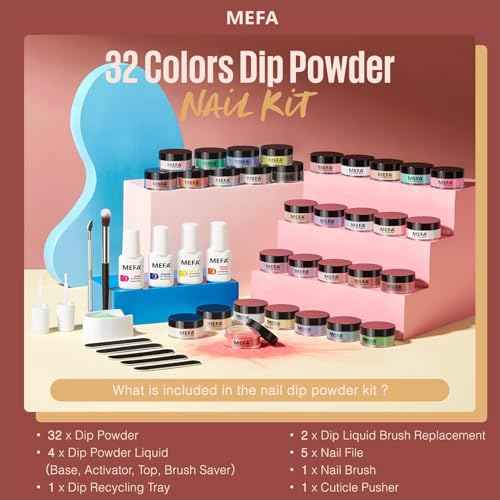 MEFA 32 Colors Dip Powder Nail Kit Pink Glitter Clear Nude White All Seasons Tones Dipping Powder with Base Top Coat Activator Brush Saver Liquid Set, French Nail Art Manicure