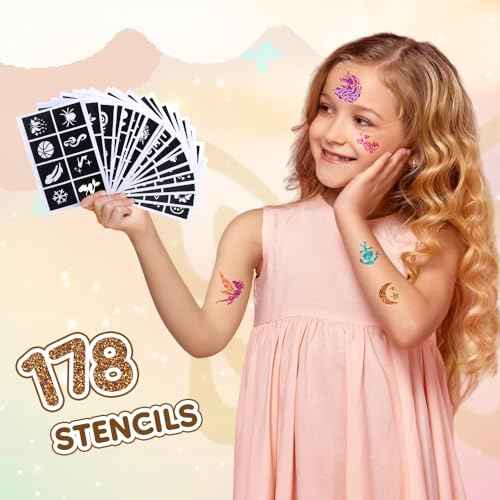 Glitter Tattoo Set, Bledras 36 Colors Kids Tattoo Set, 178 Stencils, 5 Brushes, 2 Glue, Flash Tattoo Kit for Girls, Boys and Adults, Carnival Festival, Cosplay Parties, Games (Orange)