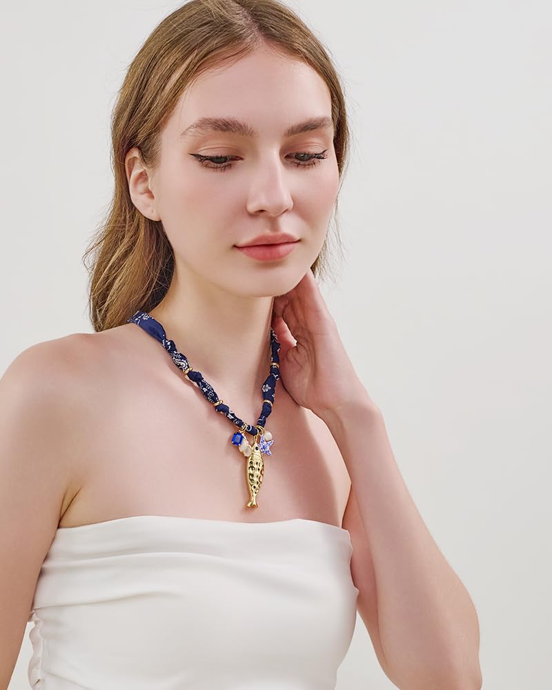 FAUTHENTICUTE Chunky Gold Fish Pendant Necklace For Women Long Silk Scarf Necklace With Starfish Conch Fish Pearl Charms Boho BandanaBeach Shell Statement Necklaces
