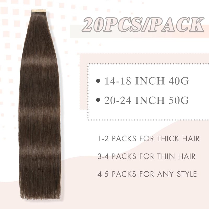 Tape in Hair Extensions Human Hair 20pcs Remy Hair Extensions 18 Inch Darkest Brown Straight Invisible Human Hair Tape in Extensions Skin Weft Tape Extensions Human Hair (2#,18 Inch)