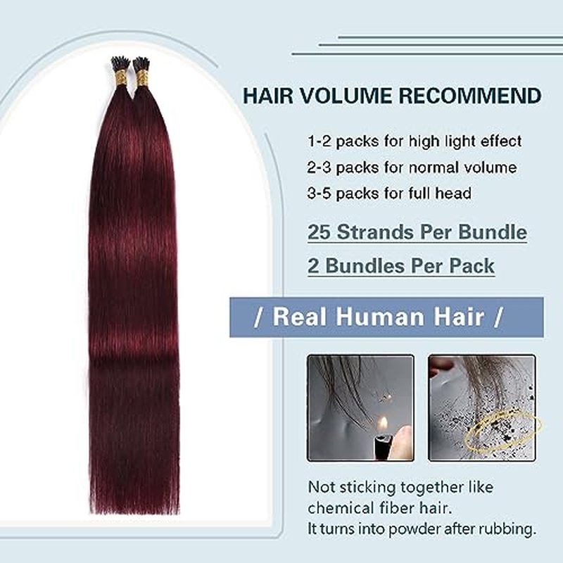 Sunya I Tip Hair Extensions Human Hair Burgundy 18 Inch Wine Red Pre Bonded I Tip Hair Cold Fusion I Tip Hair Extensions #99j 40g 50 Strands/Pack