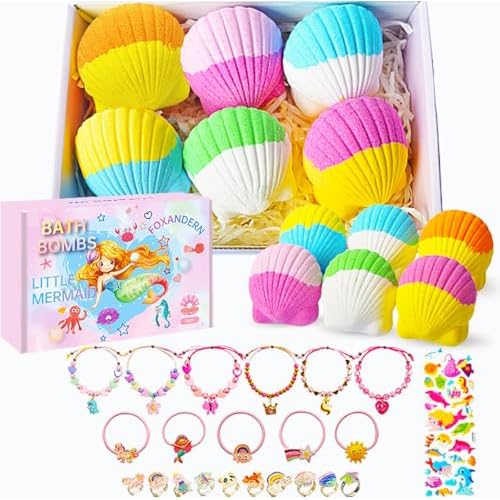 Kids Bath Bombs, 6 Pack Mermaid Bath Bombs for Kids, 4 Oz Natural Organic Bubble Shells with Surprise Jewelry, Perfect Birthday, Christmas Party