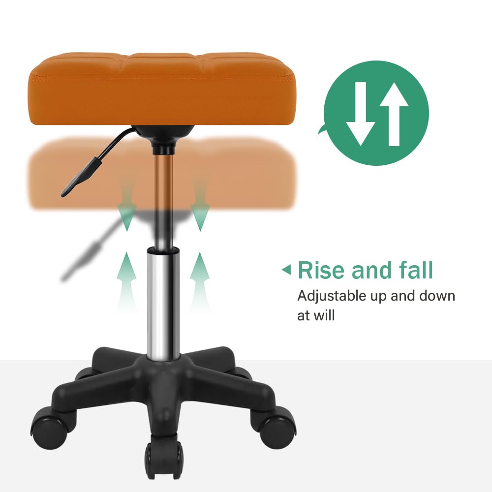 FURWOO Square Swivel Rolling Stool with Wheels PU Leather Height Adjustable Chair for Spa Salon Massage Pale Brown