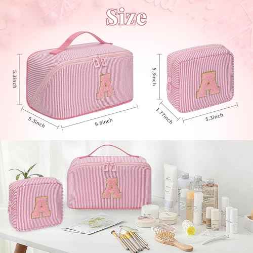 Travel Makeup Bag for Women, 2Pcs Portable Personalized Initial Makeup Organizer Bag, Open Flat Large Cosmetic Bag With Travel Essential Pouch (Pink Letter A)