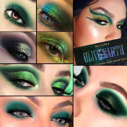 DE'LANCI Olive Green Eyeshadow Palette Multichrome, Ultra-Pigmented Brown Green Eye Shadow for Green Eyes Makeup, Matte Shimmer Dark Lime Emerald Eyeshadow Pallet for Festival Cosplay Halloween Makeup