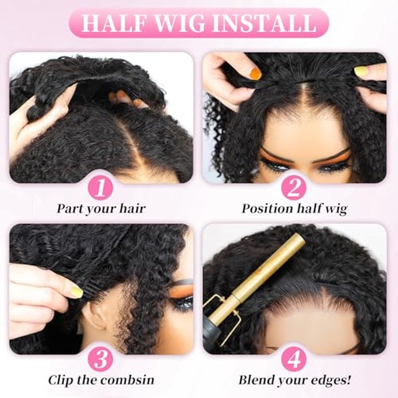 Fine Plus Curly Half Wig, 3-in-1 Glueless Wig 18inch Protein Synthetic with Human Hair Feel 180% Density Ready-to-Wear for Daily Use/Beginner Friendly (Color: Protein Synthetic Hair-2B)