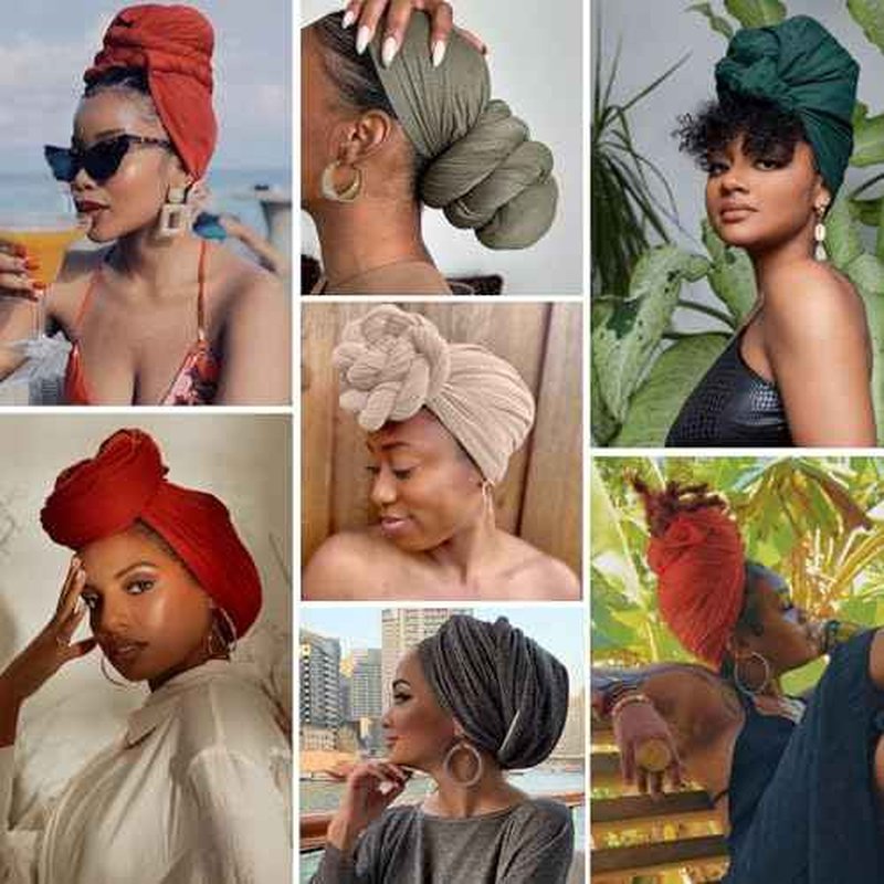 COOKOO 2 Piece Long Solid Color Stretch Head Wrap African Women's Jersey Turban Fashion Head Scarf Ultra Soft Extra Long Headwraps Lightweight Breathable Head Bands Ties for Women(Black+Army Green)