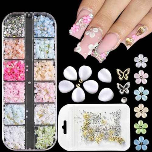 Flower Nail Charms, 3D Acrylic Flowers Petals Colorful Floral Nail Gems Gold Silver Butterfly Charms Tiny Caviar Beads Pearl Rhinestones Manicure Decoration