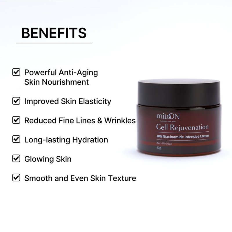 Mito-on Cell Rejuvenation Anti-Aging Cream, 50g / 1.76 oz - 10% Niacinamide, Vitamin B3 and Antioxidants, EGF + Volufiline for Wrinkle Reduction, Elasticity Improvement, Moisturizer, Korean Skin Care