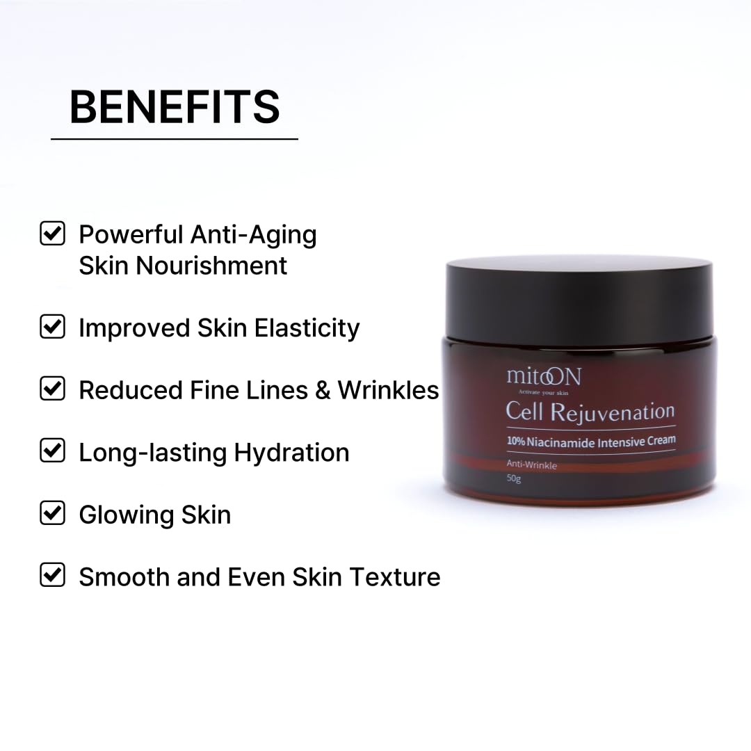 Mito-on Cell Rejuvenation Anti-Aging Cream, 50g / 1.76 oz - 10% Niacinamide, Vitamin B3 and Antioxidants, EGF + Volufiline for Wrinkle Reduction, Elasticity Improvement, Moisturizer, Korean Skin Care