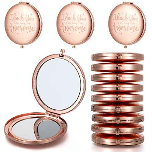Roowest 12 Pcs Inspirational Compact Mirror Christmas Small Gifts for Mom Women Bulk Double Sided Travel Thank You for Being Awesome Makeup Magnifying Pocket Mirror for Purse(Rose Gold)