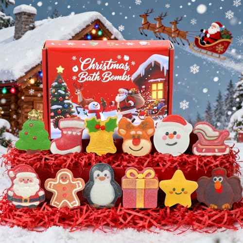 Christmas Bath Bombs for Kids & Women, Handmade Bath Bomb Gift Set of 12 Festive Shapes, Perfect Stocking Stuffers for Teen Girls & Boys, Skin Care Bathbombs as Christmas Gifts for Kids