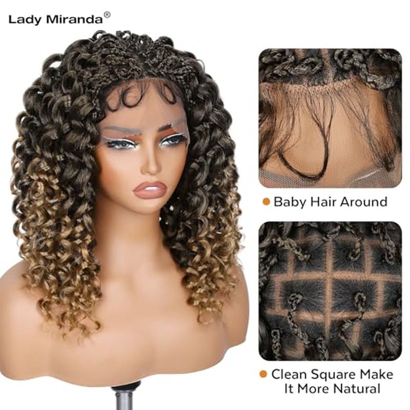 Lady Miranda Double Full Lace GoGo Curl Braided Wigs for Black Women Synthetic Lace Front Wigs Natural Knotless Curly Braided Wig with Baby Hair(1B/27, 12 Inch)