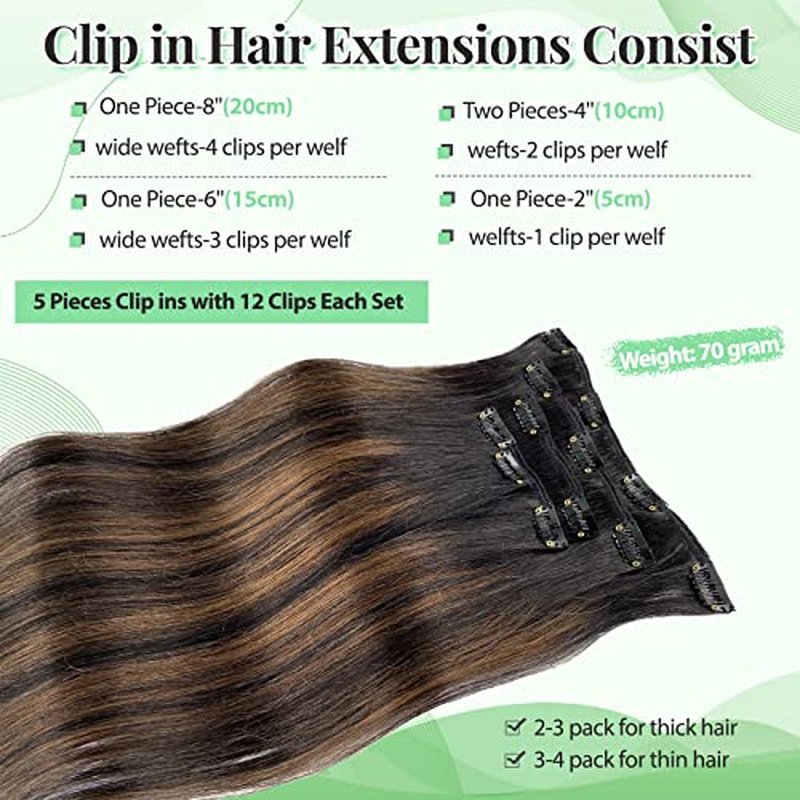 Clip in Hair Extensions Real Human Hair, Natural Black Highlights Medium Brown 18 Inches 5pcs Long Straight Clip ins Human Hair Extensions Handmade Double Weft Remy 70grams