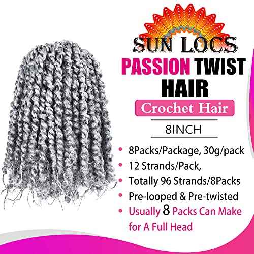 8 Inch Passion Twist Crochet Hair for Black Women 8 Packs Pre-twisted Passion Twists Crochet Braids Hair Pre-looped Bohemian Twists Synthetic Braiding Hair Extensions (12Strands/pack;TGrey#)