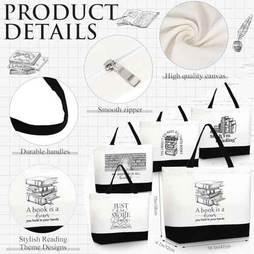 12 Pcs Book Club Gifts Book Tote Bag for Book Lovers Reading Quote Tote Bag Makeup Bag Reusable Cosmetic Bag with Metal Zipper Bookish Librarian Gifts for Women