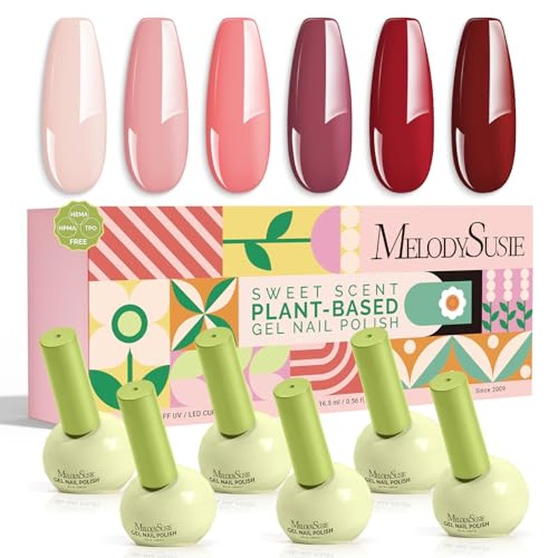 MelodySusie Sweet-Scent Plant-Based 6 Colors Gel Nail Polishes, Crimberry Spark, Unique 16.5ml Tilt-and-Stand Bottle for Easy Gel Access, TPO & HEMA Free, Gift Box with Mauve Plum Cherry Burgundy Red