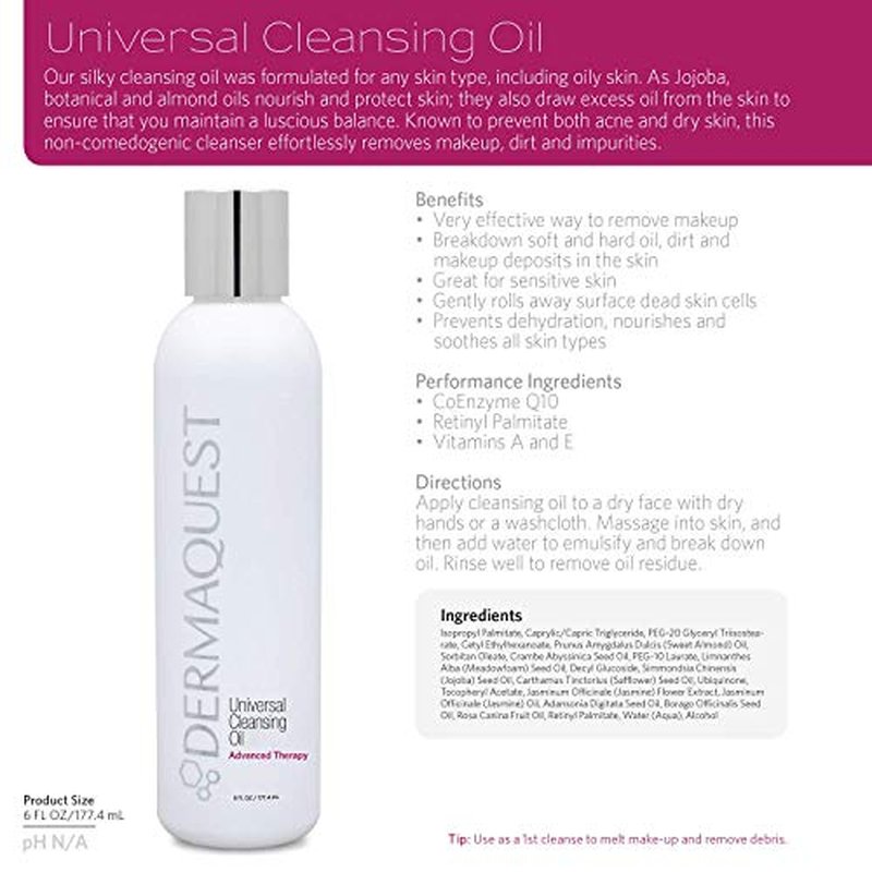 DermaQuest Advanced Therapy Universal Anti Aging Cleansing Oil and Makeup Remover - For Dry, Oily and Sensitive Skin - Nourishes & Soothes - Non-Comedogenic (6oz)