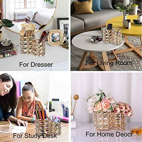 Hipiwe Makeup Brush Holder Gold Bling Crystal Makeup Brush Organizer Round Remote Control Holder Cosmetic Brush Tools Comb Pen Pencil Storage Pot Cup for Vanity, Office, Home Decor, 2-Slot