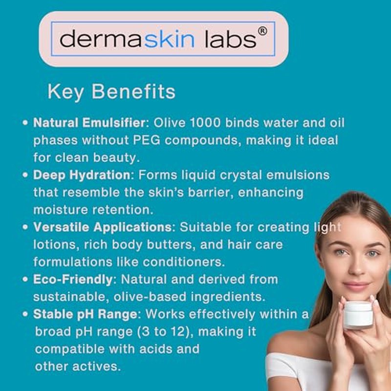 Olive 1000 Emulsifier, Cetearyl Olivate, Sorbitan Olivate 1000 Plant-Based Emulsifier Wax ECOCERT COSMOS Validated PEG-free self-emulsifying for DIY Skincare, Haircare Applications (8 oz)