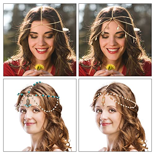 WILLBOND 8 Pieces Gold Head Chain Jewelry Halloween Boho Headband Coins Pearl Tassel Chain Hair Band Festival Prom Wedding Headpiece for Women(Elegant Style)