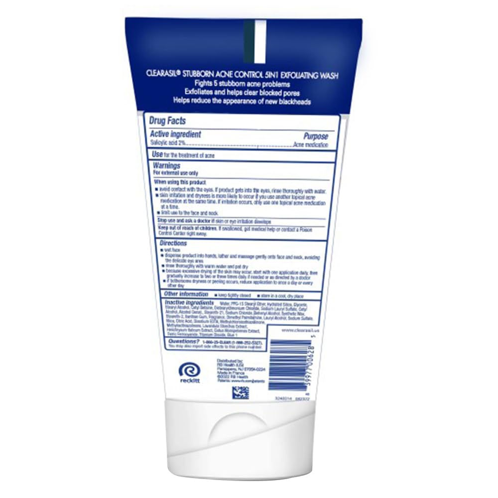 Clearasil Stubborn Acne Control 5in1 Exfoliating Wash 6.78 fl. oz., Reduces Blocked Pores, Pimple S (Pack of 5),6.78 Fl Oz (Pack of 5)