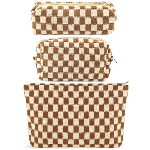 ZLFSRQ 3Pcs Checkered Makeup Bag for Women Large Small Checkered Cosmetic Bag Set Aesthetic Preppy Pencil Case Cute Pencil Pouch Brown Makeup Pouch for Purse Travel Toiletry Bags Zipper Skincare Bags