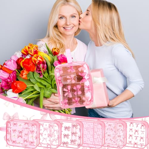 Kacctyen 6 Pcs Coquette Pink Bow Makeup Bags Gifts Accessories for Cosmetic Bags Pink Bow Gift Clear PVC Cheer Case Toiletry Zipper Pouch Waterproof Travel Toiletry Handbag Purses Organizer for Women