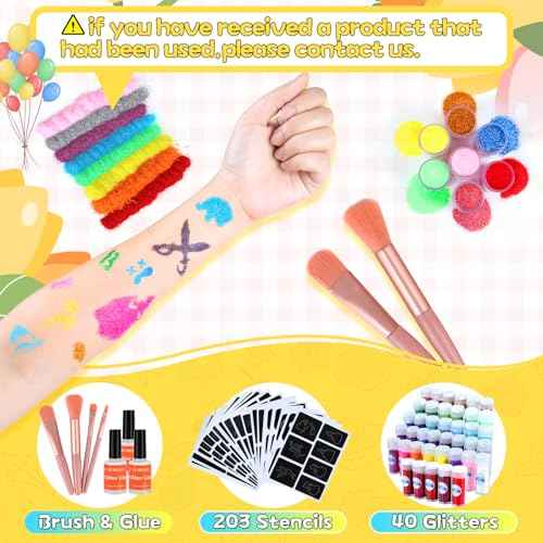 250-Piece No-Mess Temporary Glitter Tattoo Kit for Kids, 203 Unique Stencils,3 Glue,4 Brushes,boys girls adults Glitter tattoos Kids make up Kit, Gifts for Girls 6-12, Boys Birthday Party halloween