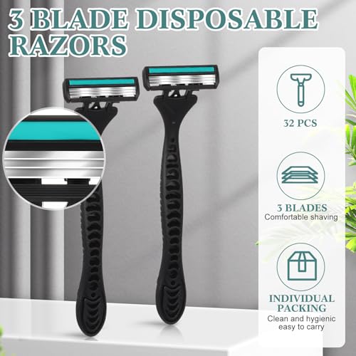 32 Pcs Men's Disposable Razors Bulk 3 Blade Shaving Razors for Sensitive Skin Comfortable Head Shave Christmas Gifts