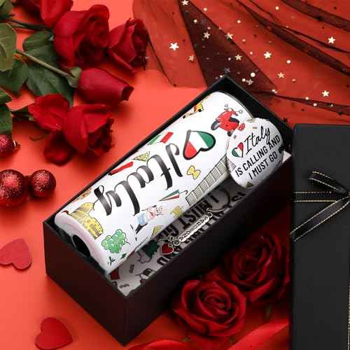 Sieral 5 Pcs Italy Travel Gift Set Funny Italy Themed Travel Trip Souvenir Gifts Includes Cosmetic Bag Thermal Cup Keychain for Traveler Women Birthday Christmas Party