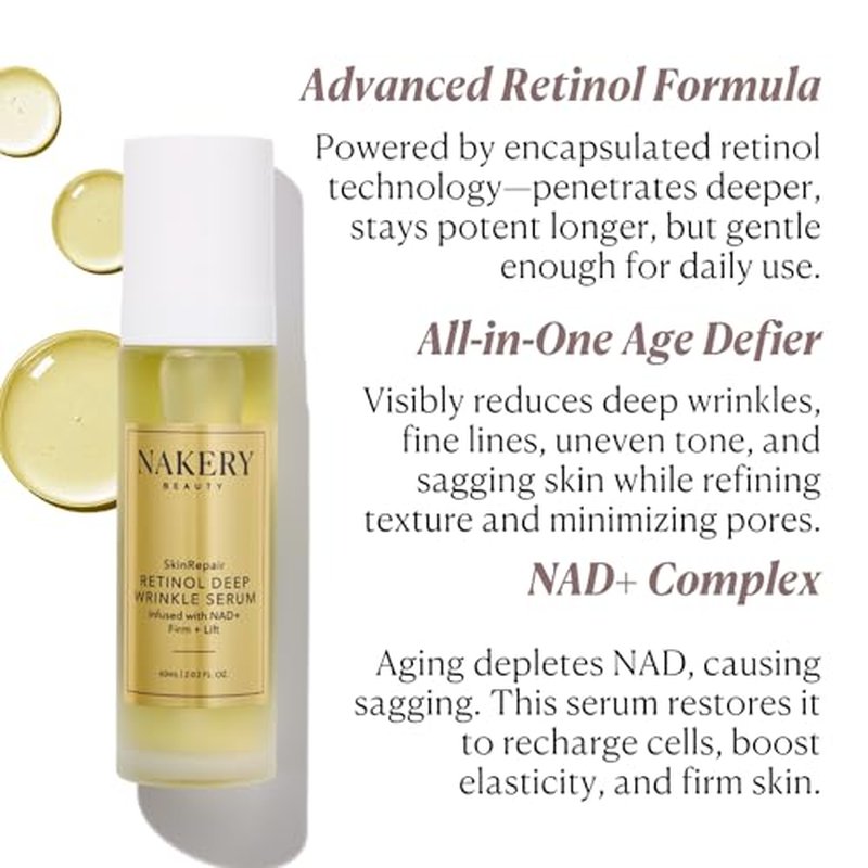 Nakery SkinRepair Retinol Deep Wrinkle Serum (2.02 Fl Oz), Anti Aging Face Serum with Encapsulated Retinol, NAD+ Complex, Ceramide NP, Hydrating Firming Skin Treatment for Fine Lines
